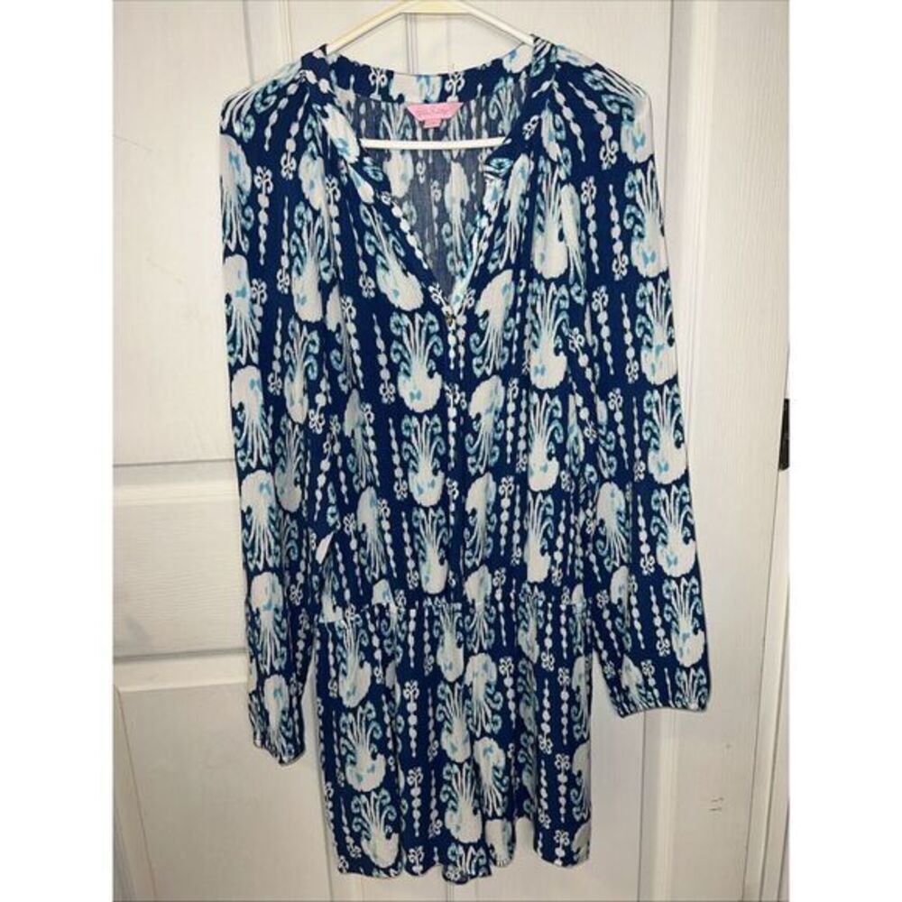 Lilly Pulitzer Romper /Cover Up Womens Size Medium 100%‎ Rayon Blue/White/Aqua